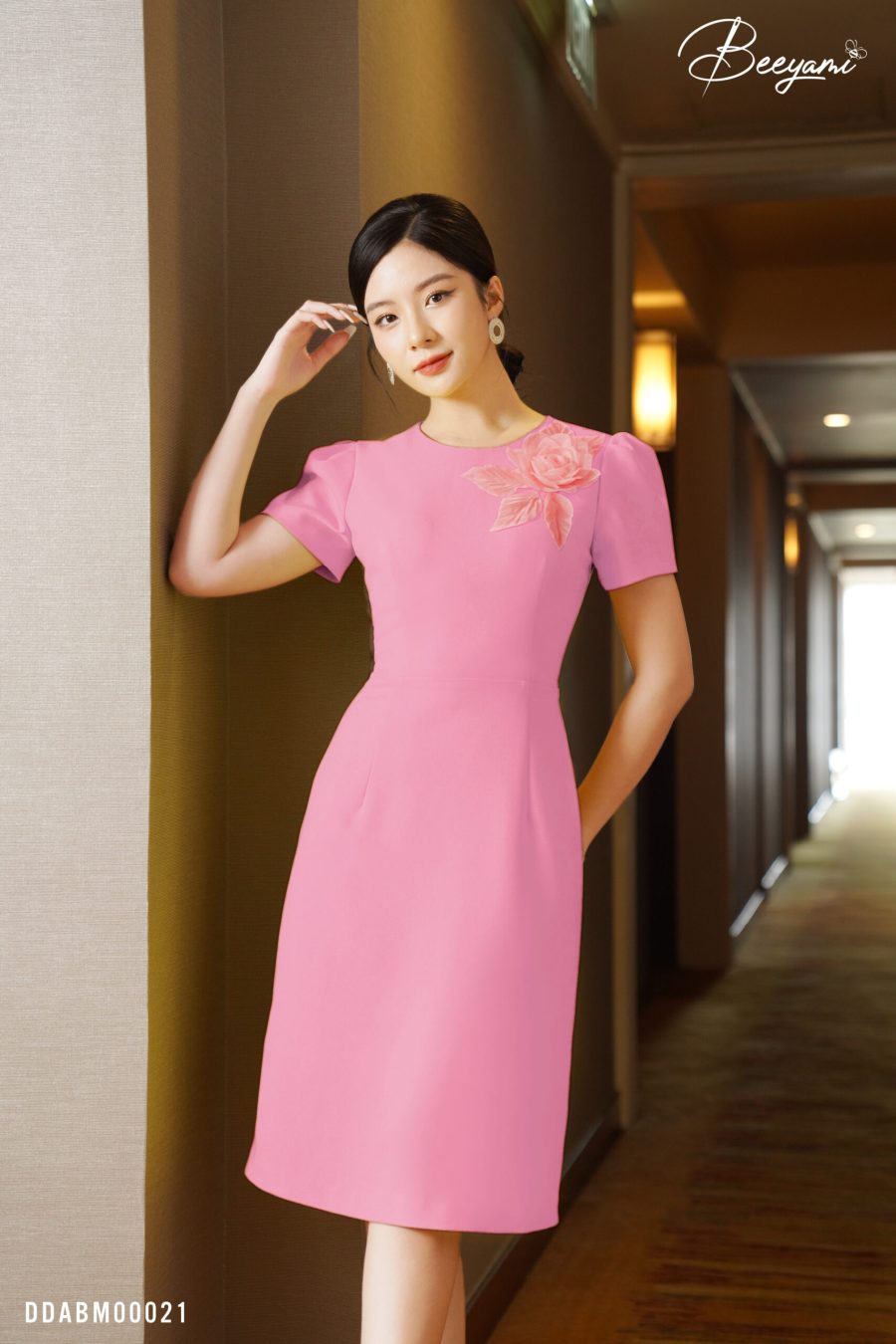 đầm dáng A ngắn tay yellow fancy – hồng phấn – 1