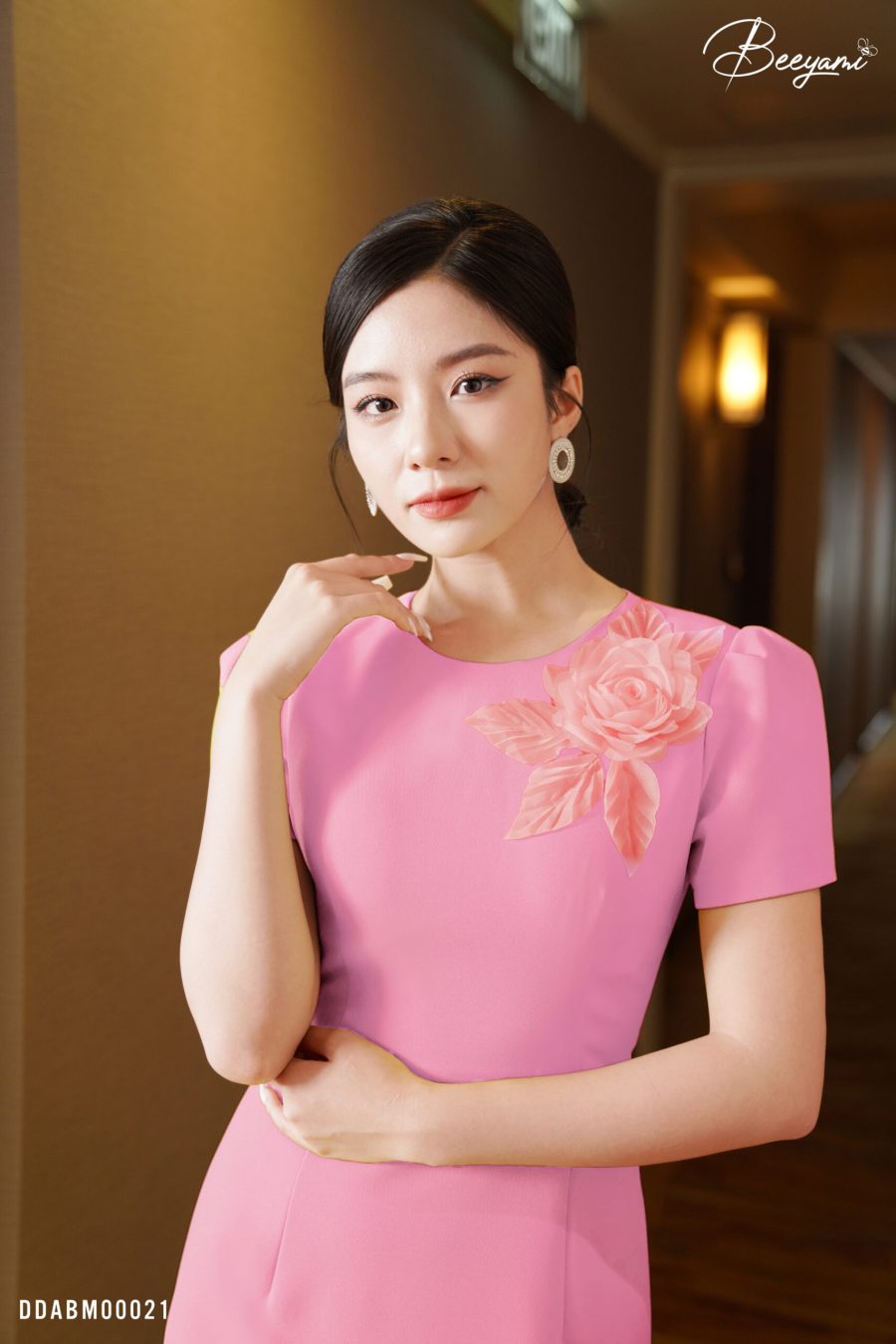 đầm dáng A ngắn tay yellow fancy – hồng phấn – 2