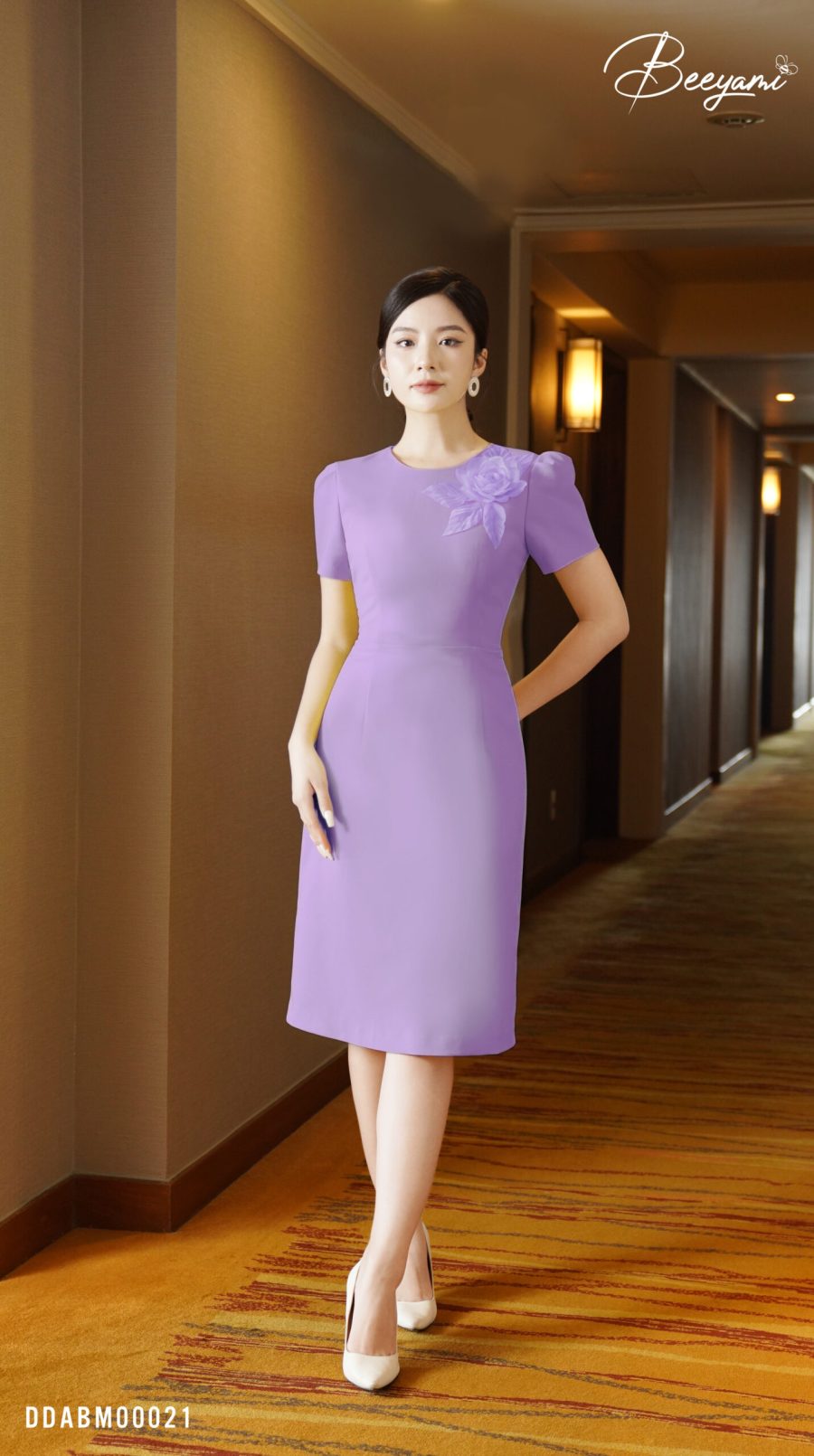 đầm dáng A ngắn tay yellow fancy – tím nhạt – 1