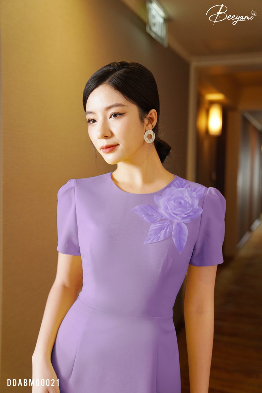 đầm dáng A ngắn tay yellow fancy – tím nhạt – 2
